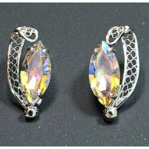 Vintage Sorrento Sterling Silver Crystal Earrings Iridescent Marquise Filigree